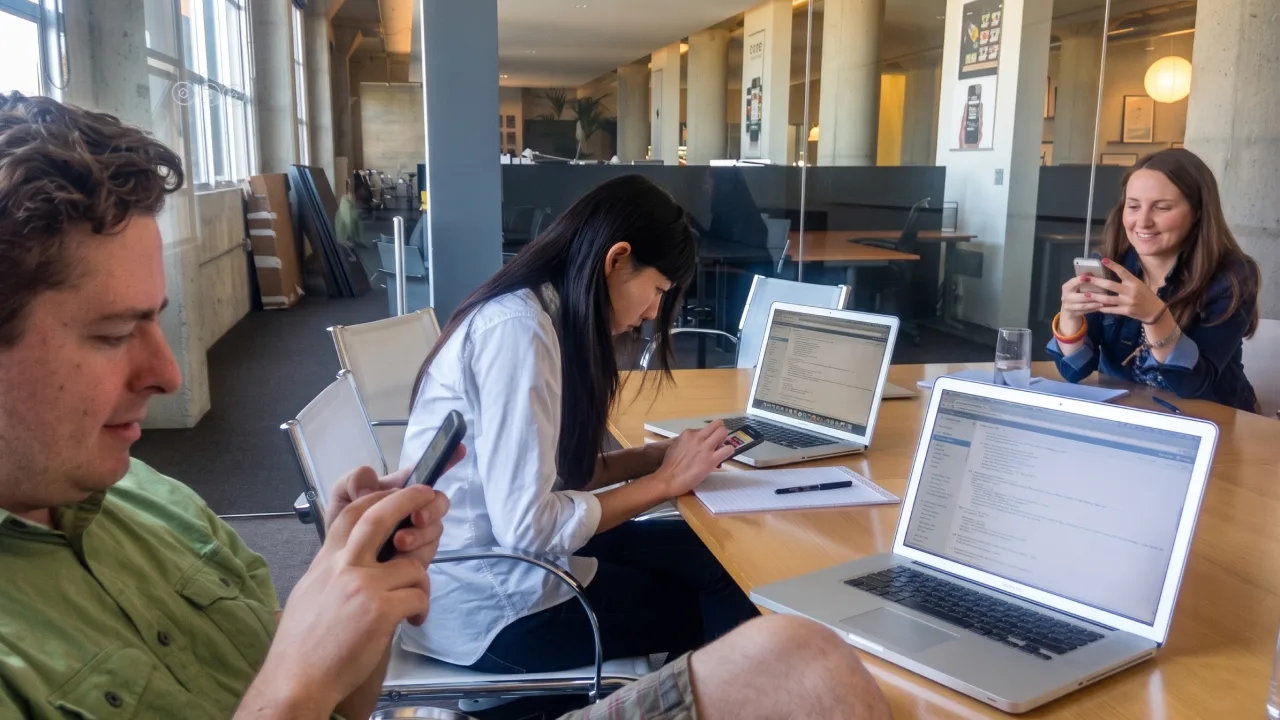 Team members play testing game concepts on phones around a conference table
